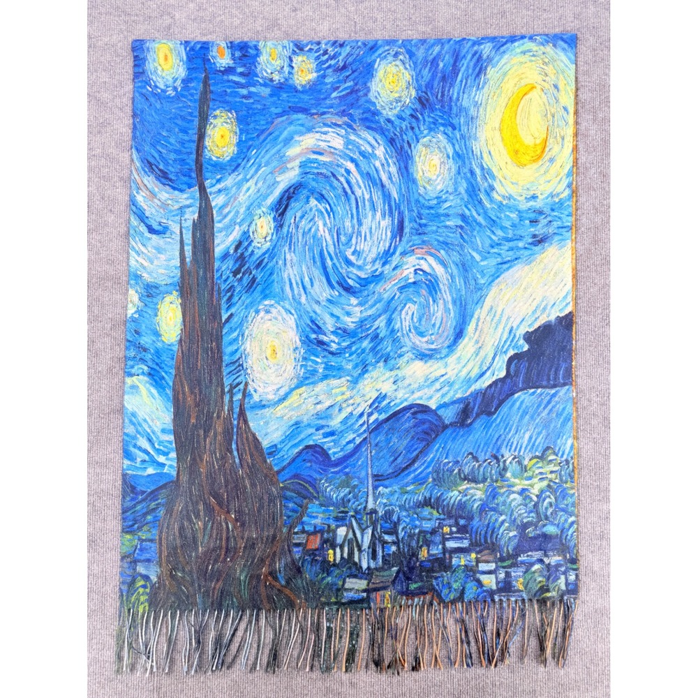 Van Gogh Starry Night Wheatfield Reversible Fringed Scarf Blue Yellow 70x27.5
